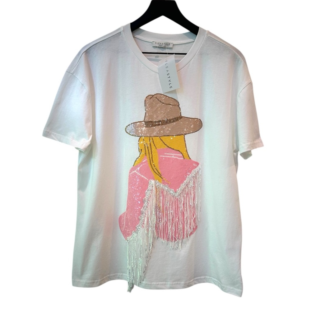 Fleastyle Sequins Cowgirl Design with Sequins Fringe White T Shirt